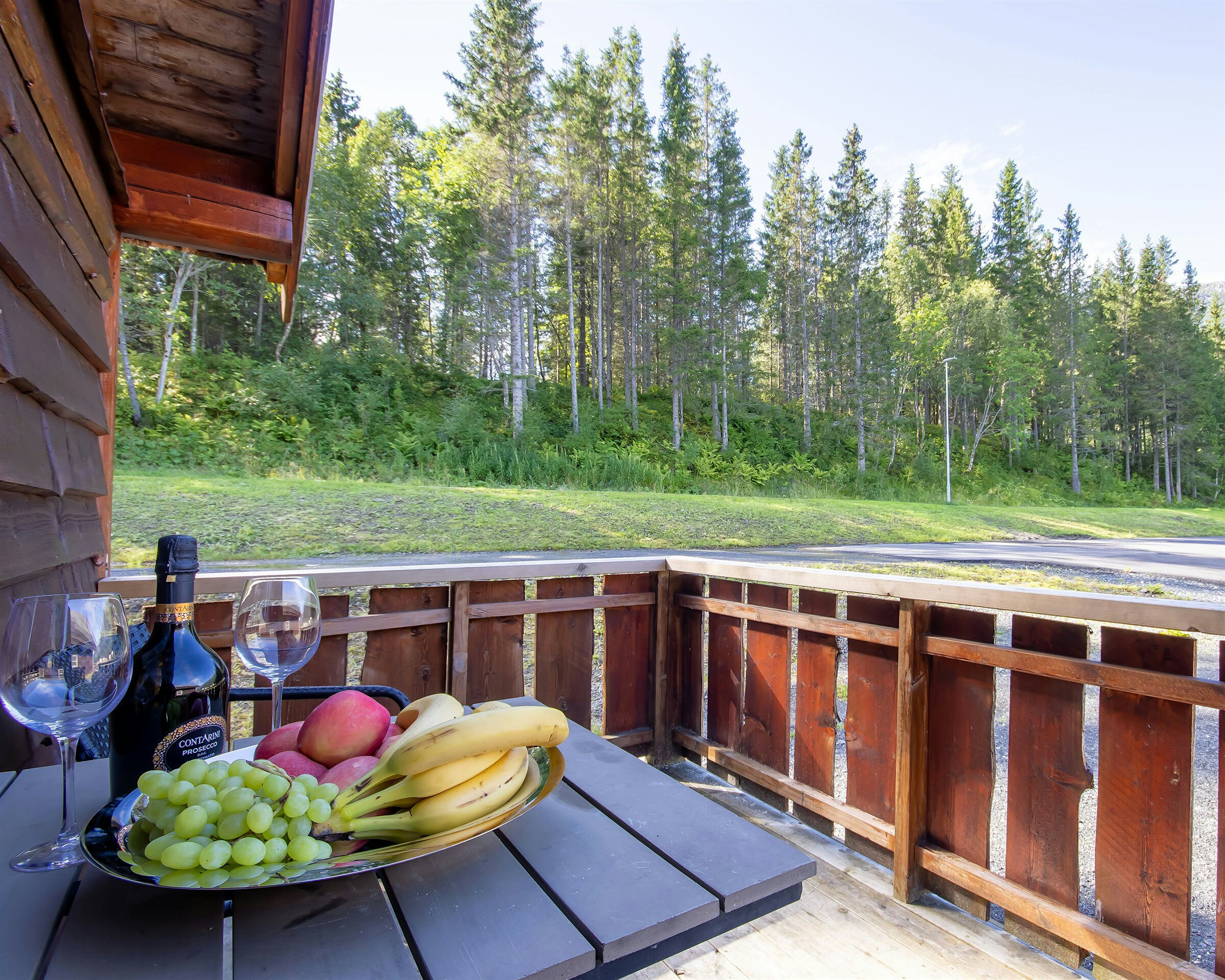 Veranda with view to forest and mountains. A fruit platter is on the table. Photo