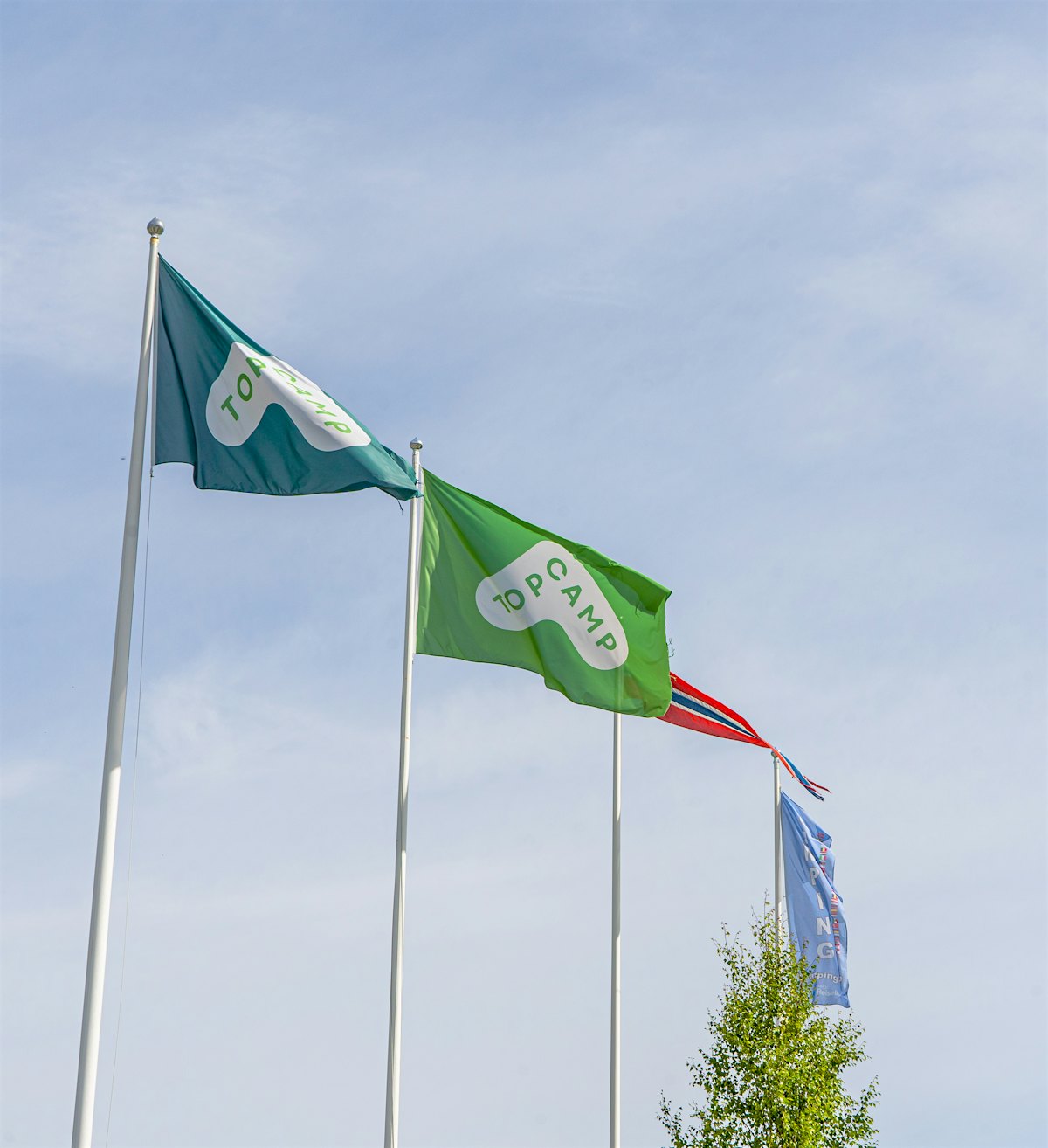 Zwei Topcamp-Flaggen und ein Norwegen-Wimpel an Fahnenmasten. Foto