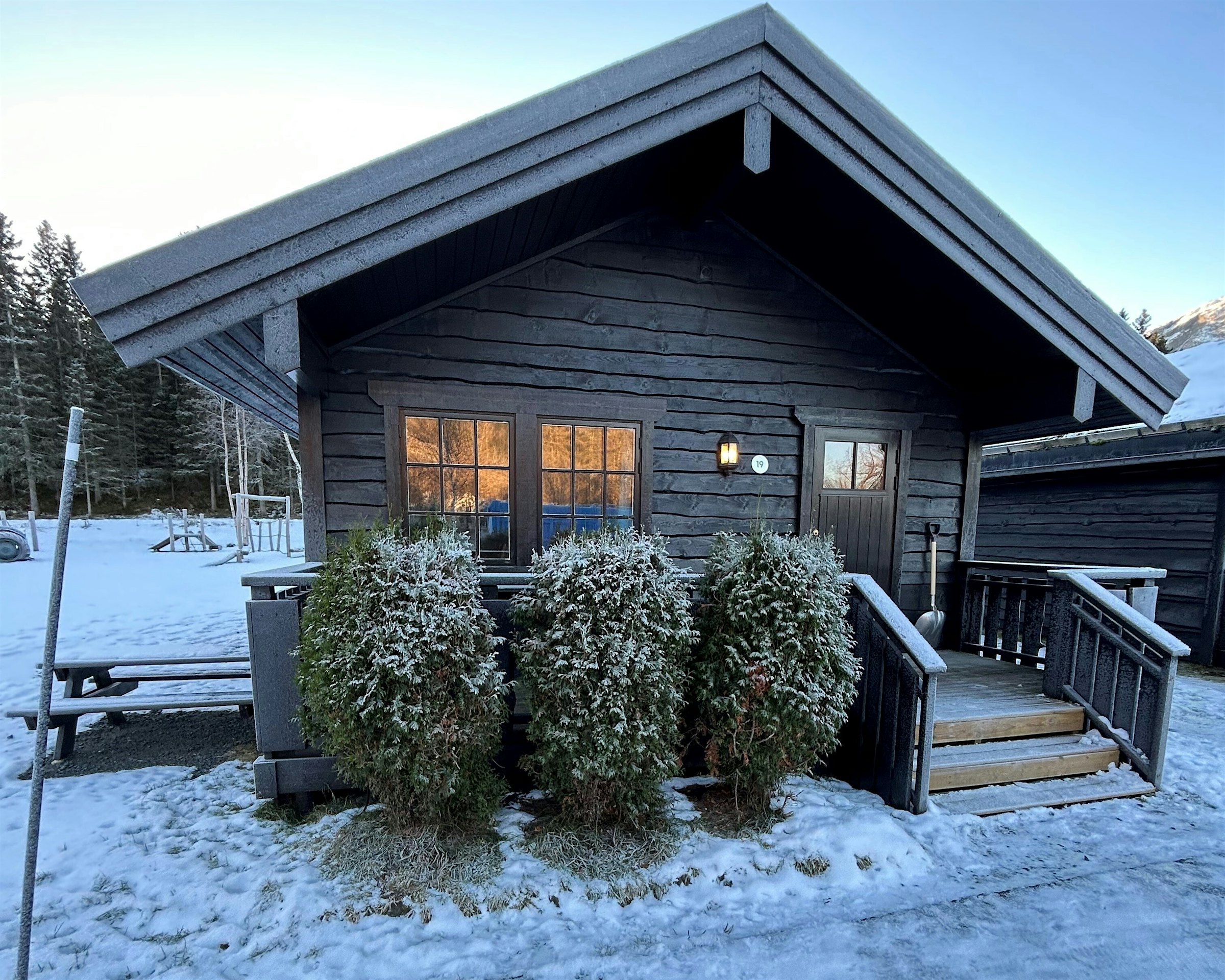 Exterior of Dolstadhytten. Winter and snow.