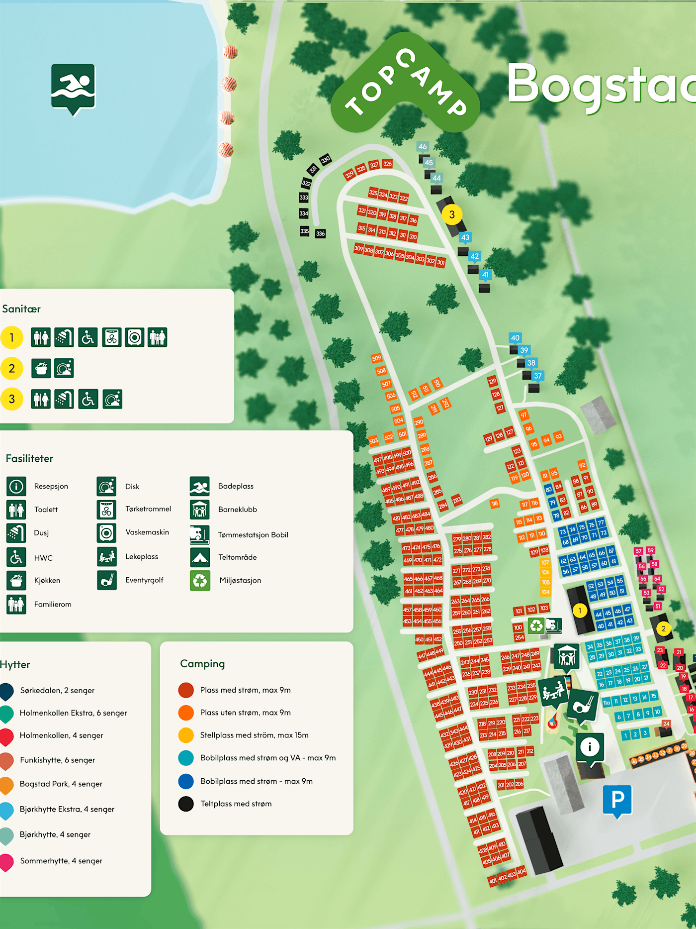 Illustrasjonskart over området med plassnummer og bygninger.