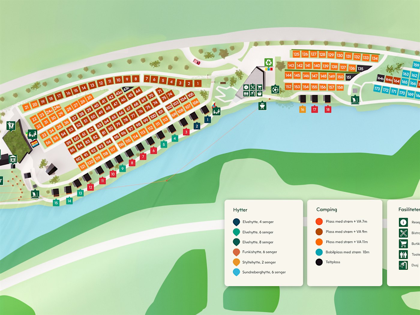 Illustration map of the area with place numbers and buildings.