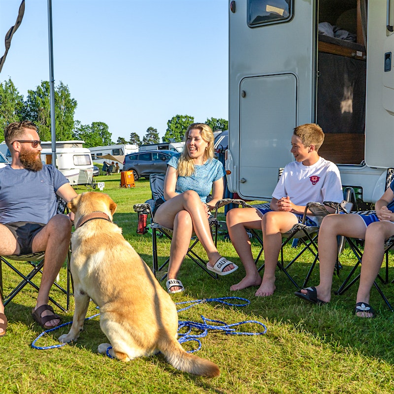 Family sits outside motorhome with dog and smiles. Photo