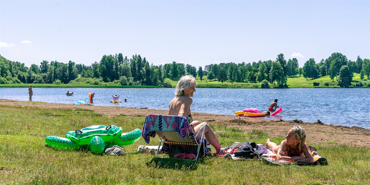 Two ladies sit on a lawn in front of water, with aquatic animals beside them. Summer atmosphere and many people bathing. Photo