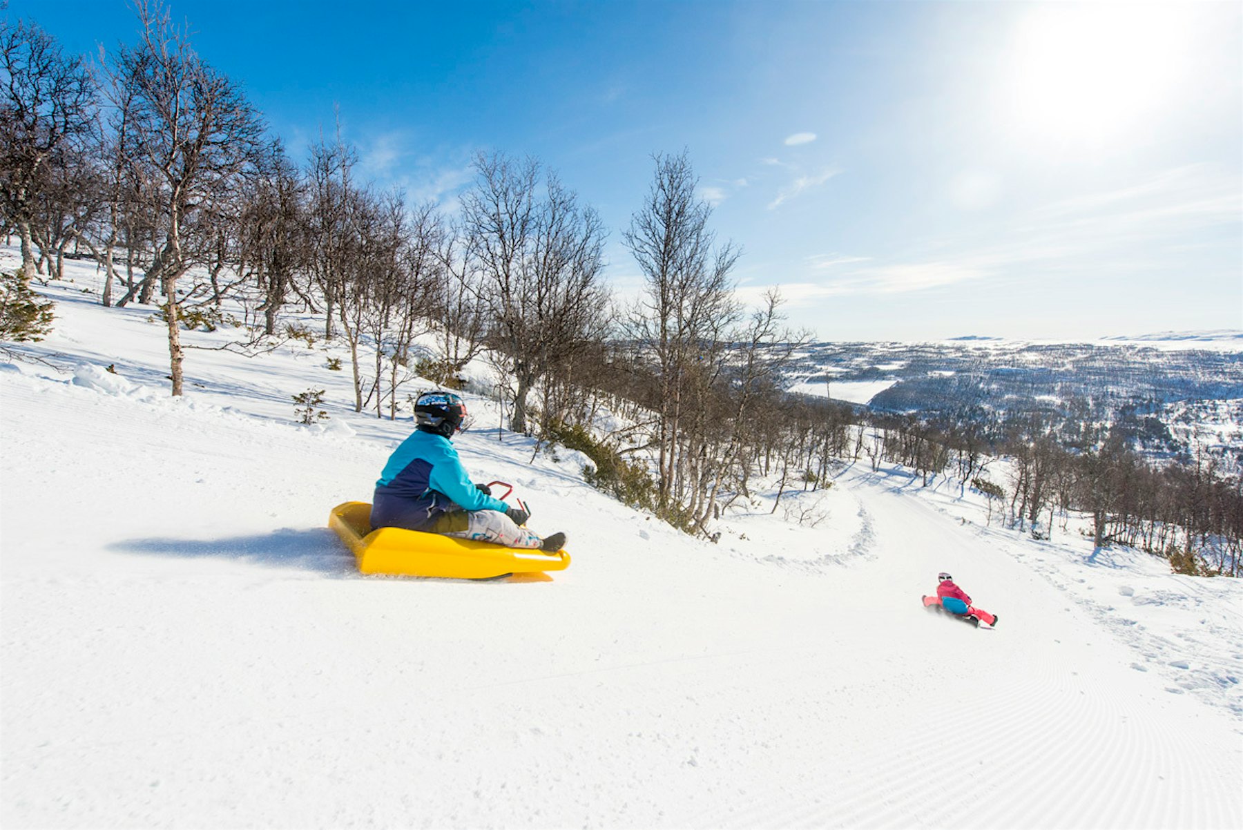 Two children sledding on a toboggan with a steering wheel down a long hill