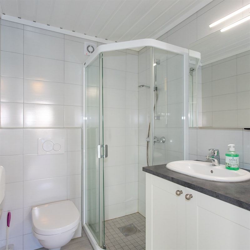 Bathroom with shower, toilet, sink and mirror. Photo